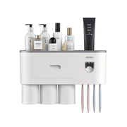 Creative no-drill toothbrush cup storage with automatic toothpaste dispensing