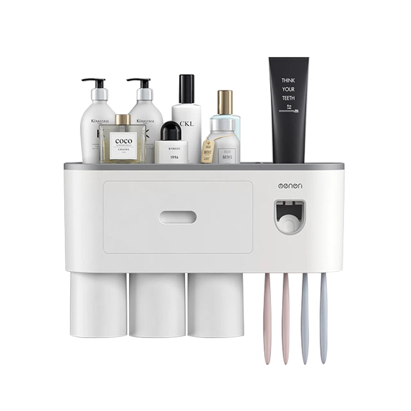 Creative no-drill toothbrush cup storage with automatic toothpaste dispensing