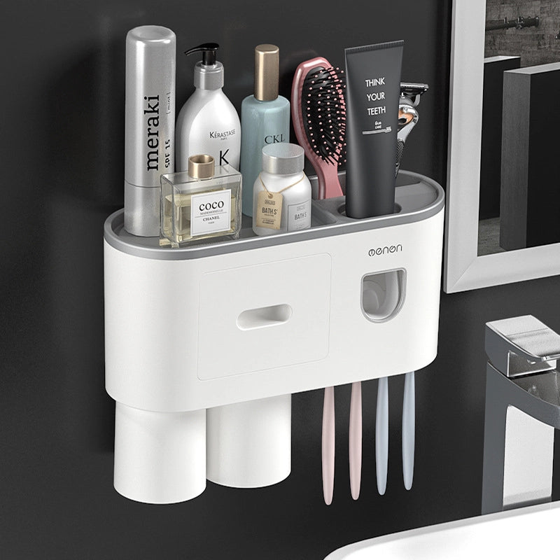Creative no-drill toothbrush cup storage with automatic toothpaste dispensing