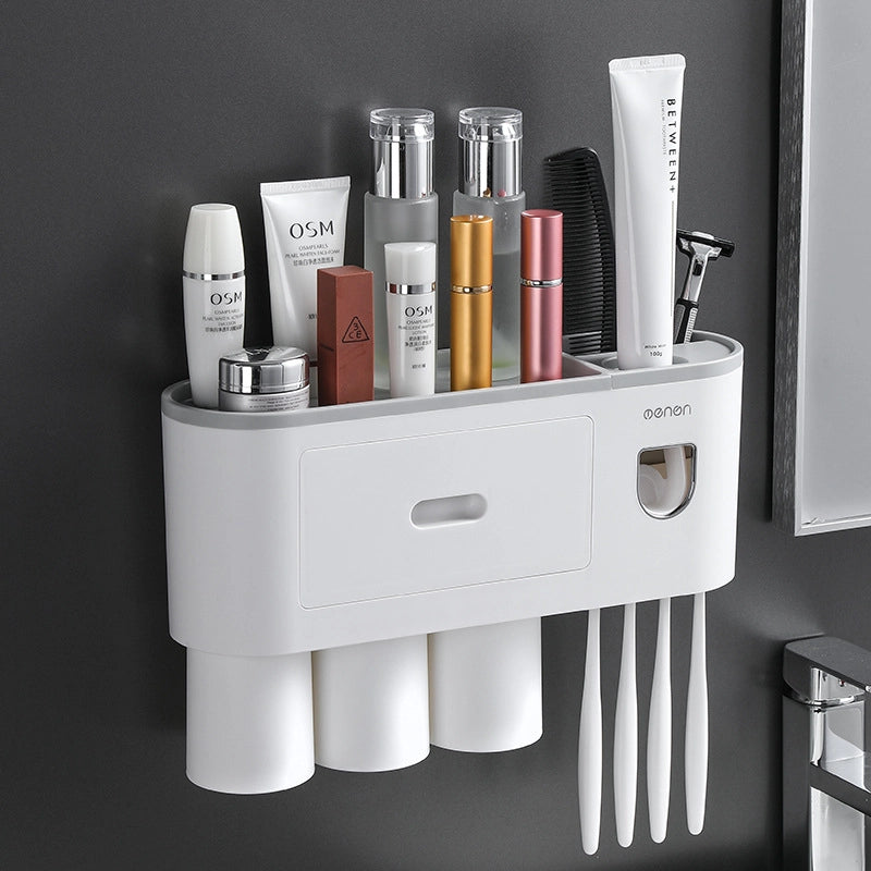 Creative no-drill toothbrush cup storage with automatic toothpaste dispensing