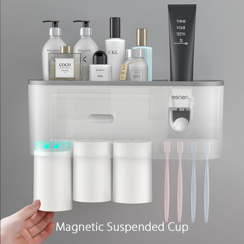 Creative no-drill toothbrush cup storage with automatic toothpaste dispensing