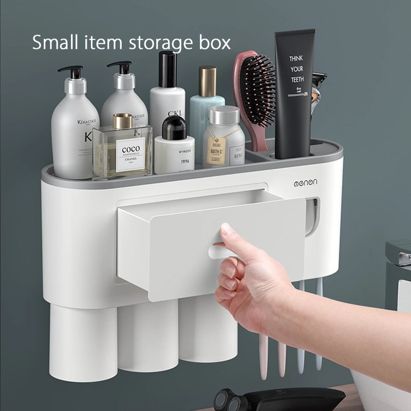 Creative no-drill toothbrush cup storage with automatic toothpaste dispensing