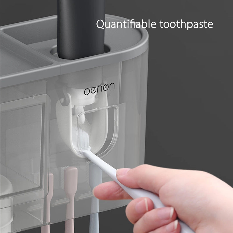 Creative no-drill toothbrush cup storage with automatic toothpaste dispensing