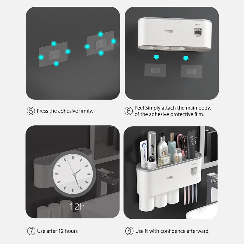Creative no-drill toothbrush cup storage with automatic toothpaste dispensing