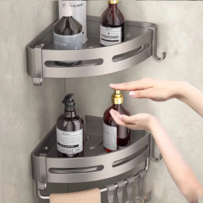 No-drill bathroom corner triangular toiletries shelf