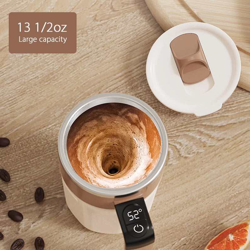 Automatic coffee and milk stirring cup with temperature display Degrees Celsius