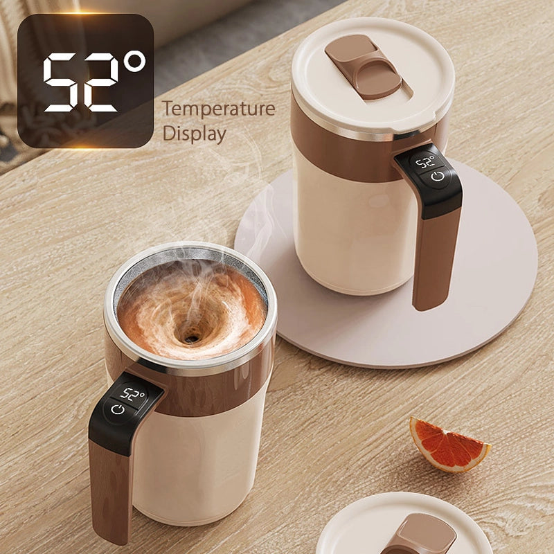 Automatic coffee and milk stirring cup with temperature display Degrees Celsius