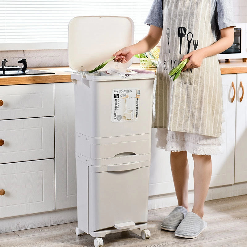 Large-capacity multi-functional partitioned trash can for home kitchens