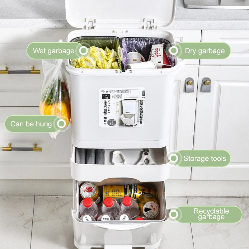 Large-capacity multi-functional partitioned trash can for home kitchens
